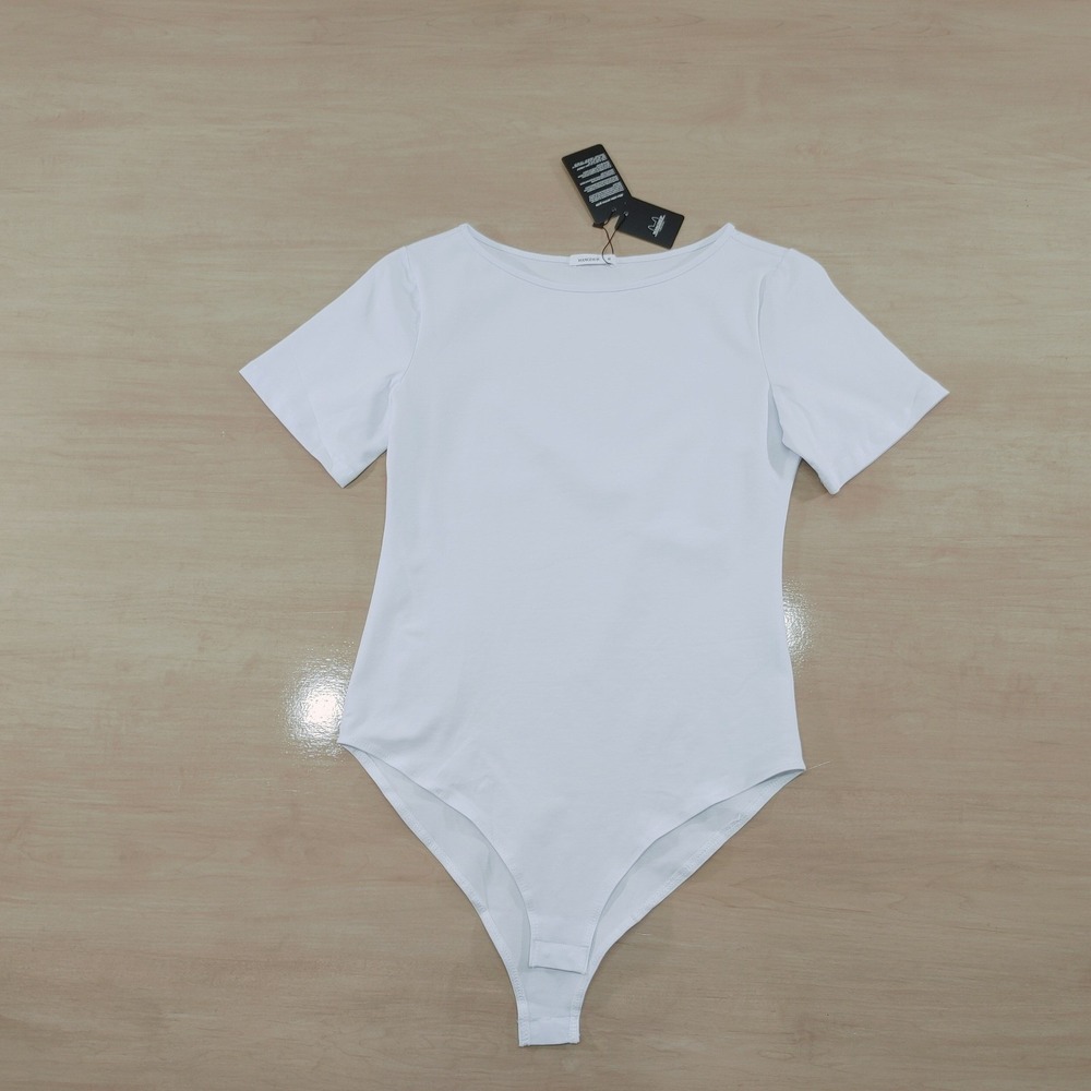 MANGDIUP White Short Sleeve Crew Neck Basic Bodysuit Thong Snap Closure Size M‎
